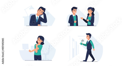 Vector illustration set showing office workers feeling tired, talking, stretching, and taking a coffee break at work.
