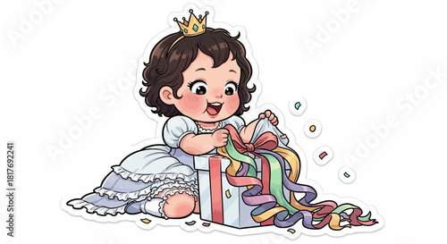An adorable cartoon baby princess with a crown happily unwrapping a colorful gift box.