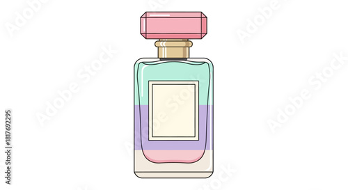 A stylized illustration of a colorful pastel perfume bottle with a blank label on a white background.