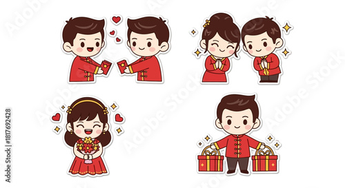 A collection of cute cartoon characters celebrating Chinese New Year with red envelopes, gifts, and traditional greetings.