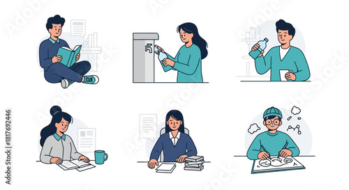 A collection of six flat design illustrations showing young people studying, working, drinking water, and feeling stressed.