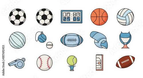 Sports equipment and accessories: balls, scoreboard, whistle, trophy, and clipboard.
