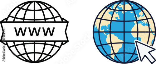 Two globe illustrations one outlined one colored with a www label and cursor