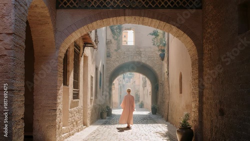 Figure Walking Through a Ruined Medieval Archway
