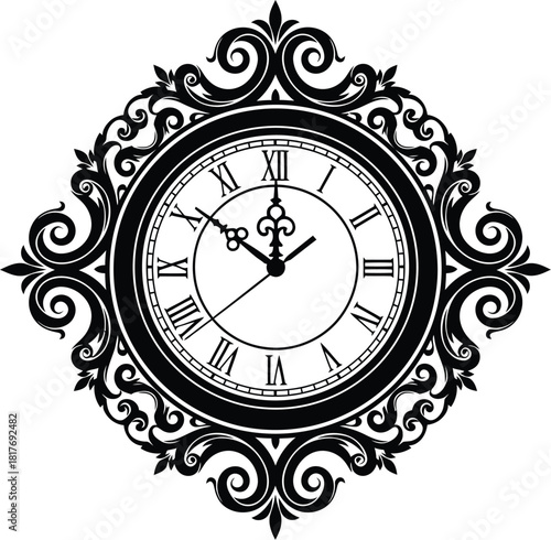 Elegant vintage clock with ornate black frame isolated on a white background