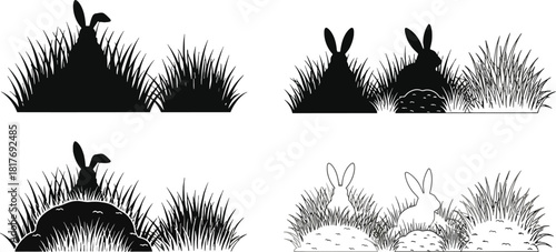 Black and white illustration of rabbits hiding amongst tall blades of grass