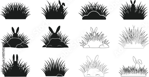 Black and white illustration of rabbits hiding in tall grassy fields