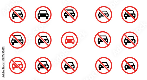 A collection of signs indicating that cars are not allowed in the area.