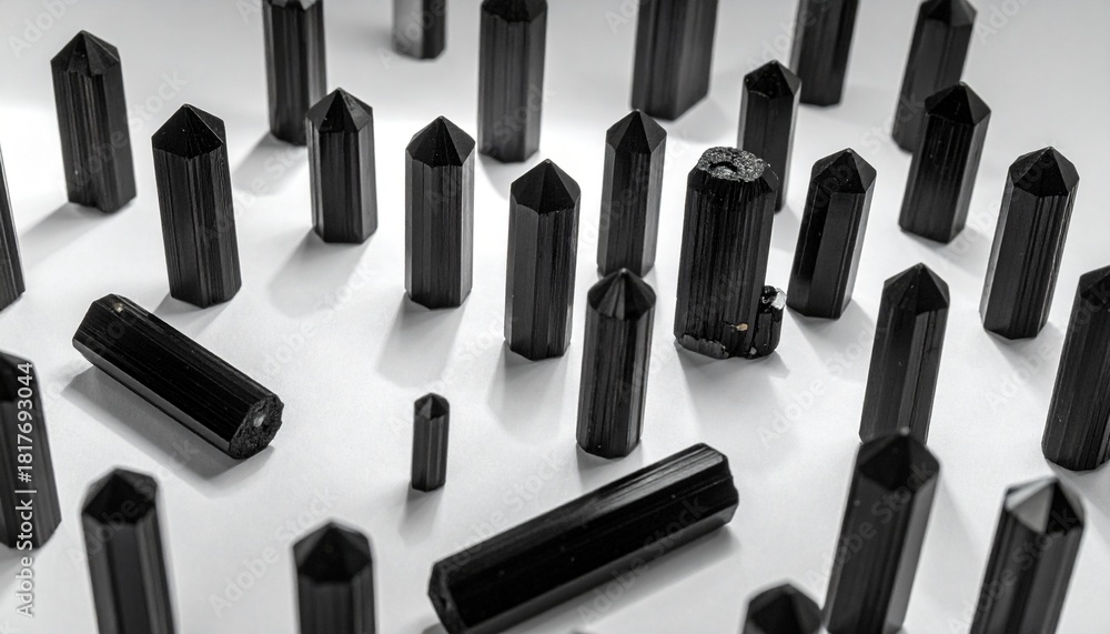 Naklejka premium Black tourmaline crystals arranged on a white surface with contrasting light photo