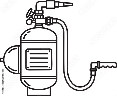 A detailed line art illustration of a portable fire extinguisher with a hose nozzle and valve assembly.