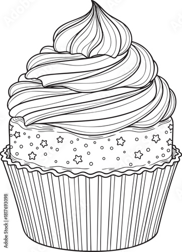 A detailed line art drawing of a cupcake with tall swirled frosting and star sprinkles.