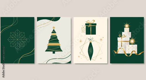 Elegant christmas and new year holiday greeting cards collection featuring festive designs with a christmas tree, gift boxes, and abstract golden glitter on green and light backgrounds, perfect for se
