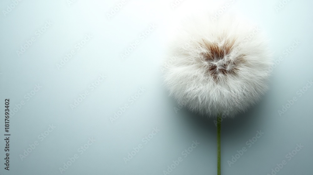 Fototapeta premium A delicate white dandelion flower with a prominent brown center, set against a serene light blue background. This image evokes feelings of innocence, beauty, and tranquility.