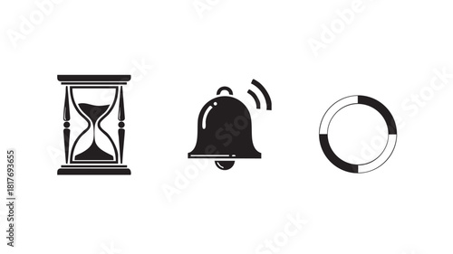 Set of three black and white time-related icons: an hourglass, a ringing alarm bell, and a circular progress bar.
