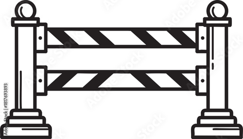 Black and white line art illustration of a striped traffic barrier with ornate posts.