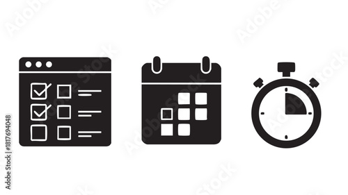 A set of black silhouette icons for time management, including a checklist, a calendar, and a stopwatch.