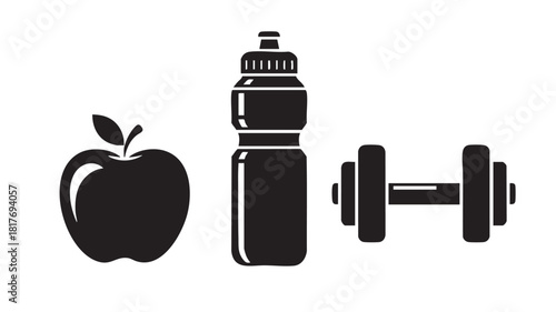 Healthy living concept with icons for diet, hydration, and exercise.