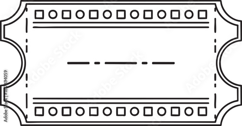 Blank vintagestyle ticket template with a decorative geometric border and perforated tearoff stubs.