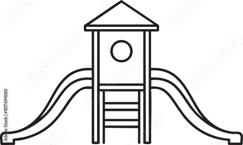 Black outline icon of a classic playground fort with a roof window ladder and two symmetrical slides.