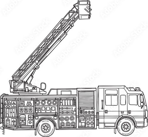 Detailed line art illustration of a modern fire truck with its aerial ladder extended upwards.