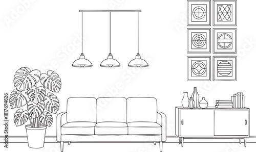 Handdrawn line art illustration of a modern living room with a sofa Monstera plant and sideboard.