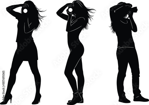Collection Of Female Photographer Silhouettes Standing And Taking Pictures With Cameras In Stylish Poses Vector Illustration Set