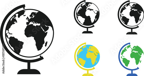 Four globe icons depicting earth on stands in various styles