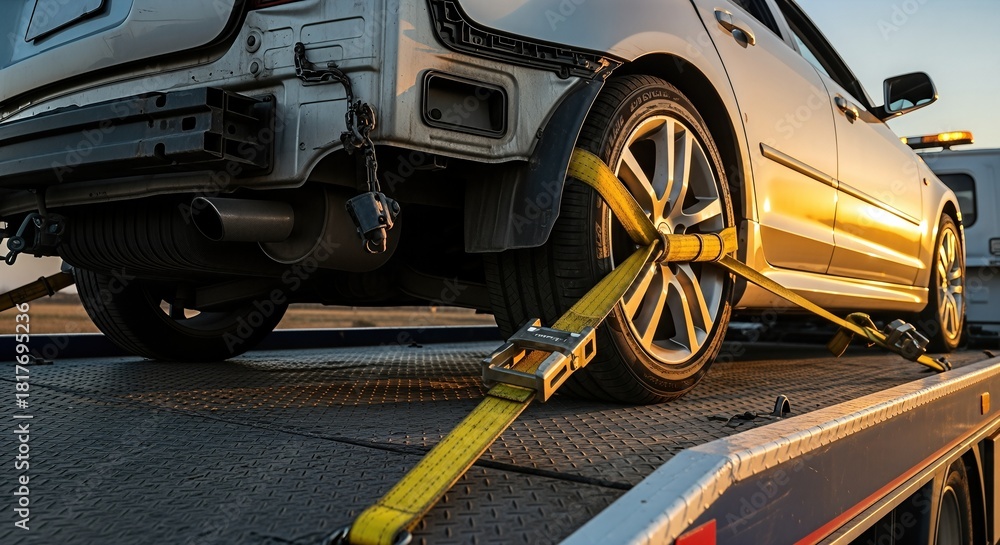Fototapeta premium Vehicle being loaded onto a tow truck with yellow straps securing it, showcasing the transport process and the importance of roadside assistance and safety measures