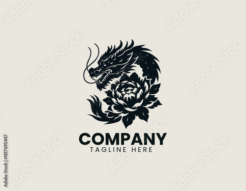 Fierce black oriental dragon icon wrapped majestically around a large blooming peony or chrysanthemum flower.