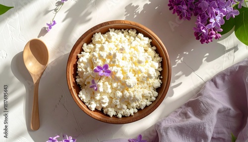 Overhead photo of cottage cheese in a bowl with purple flowers and sunlight shadows