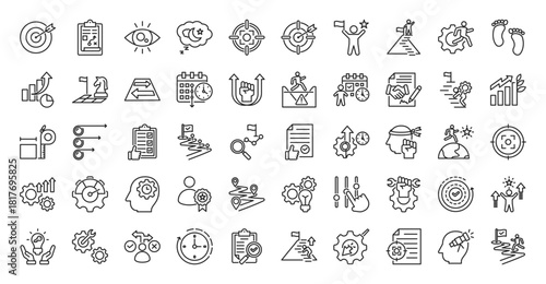 Goal setting icon set collection in outline style. icon pack contains purpose, plan, vision, dream, focus, target, success, achieve, action, step