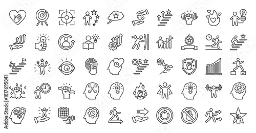 Self motivation icon set collection in outline style. icon pack contains believe, goal, focus, success, dream, hope, achieve, strength, passion, energy