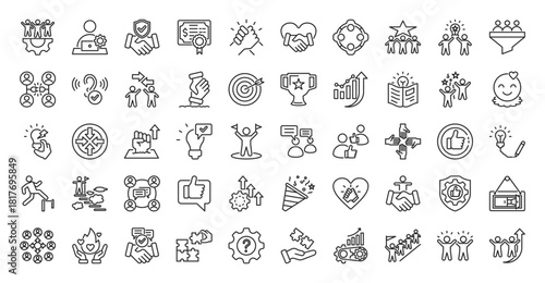 Team engagement icon set collection in outline style. icon pack contains team, work, trust, bond, support, respect, unity, motivate, inspire, lead