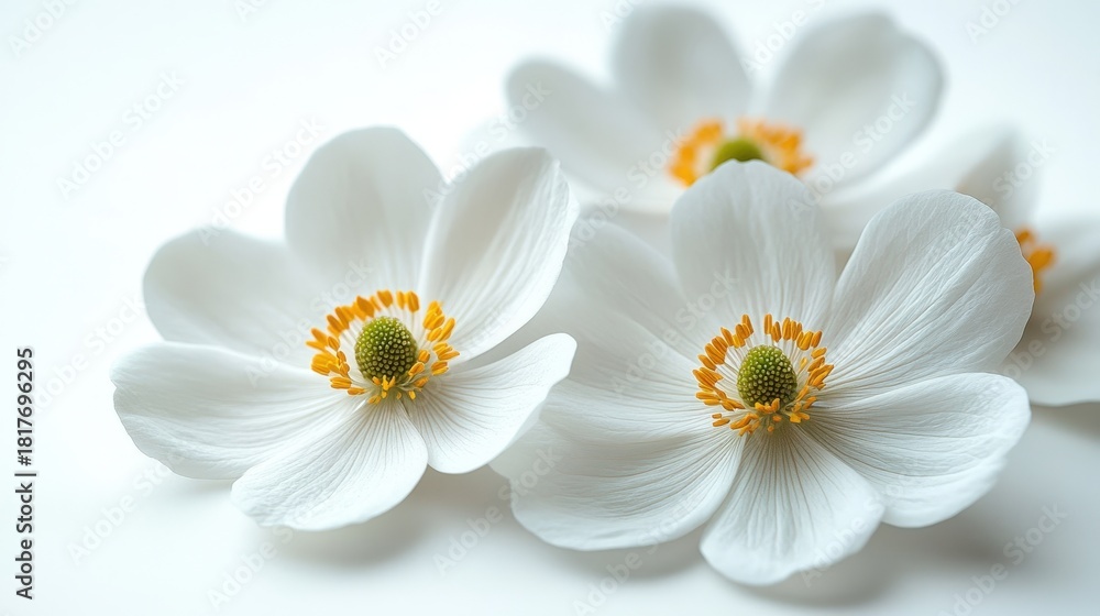 Obraz premium A beautiful close-up shot of elegant white daisies in full bloom, showcasing their delicate petals and pristine color. Perfect for themes of freshness, beauty, and springtime.