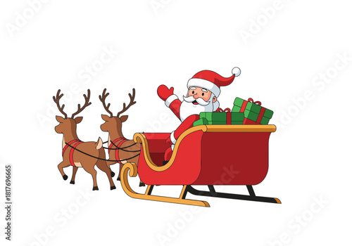 Santa Claus Sleigh Reindeer, Christmas Cartoon Illustration