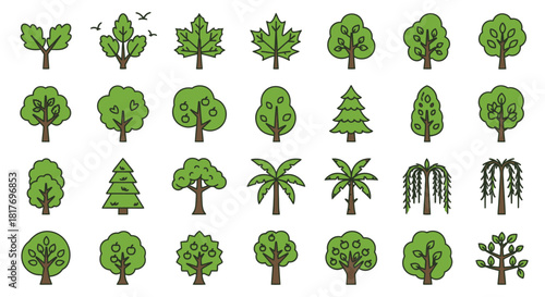Collection of tree icons representing diverse species, ideal for landscape design and