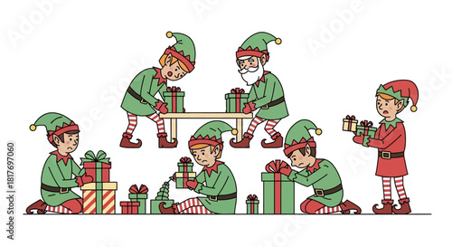 Santa's stressed elves preparing gifts for Christmas in a busy workshop, getting ready for the holidays with cute outfits, festive concept.