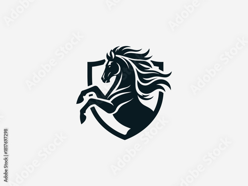 Pure white horse crest vector logo with detailed mane and heraldic shield for luxury brand identity