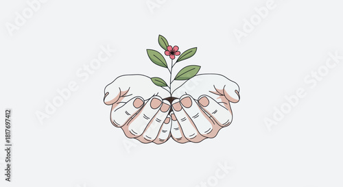 Hands holding a young plant with flower concept for environmental protection