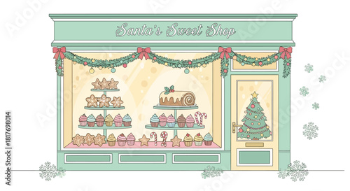 Delightful Santa's Sweet Shop illustration with festive treats, perfect for holiday promotions, greeting cards, and adding a touch of Christmas magic
