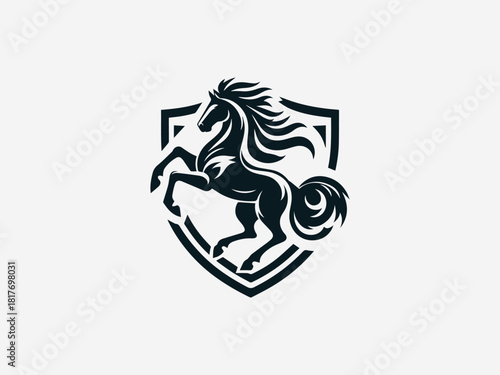 Pure white horse crest vector logo with detailed mane and heraldic shield for luxury brand identity