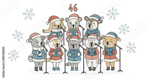 Adorable cartoon animal choir singing Christmas carols with festive winter hats and scarves bringing holiday cheer and joy in a whimsical illustration