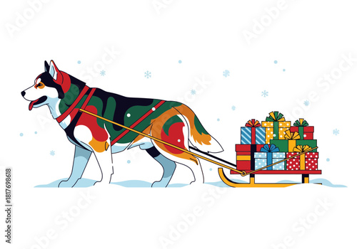 Husky Christmas Sled Dog Holiday Gifts Illustration