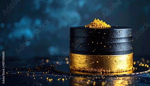 Sleek black cake with gold accents, on a round base, against a blurred dark blue background