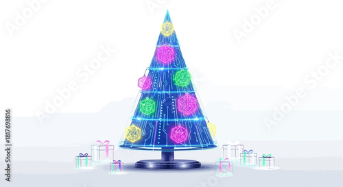 Cyberpunk Christmas tree with glowing circuit patterns and gifts creates a futuristic holiday mood for tech companies and digital celebrations