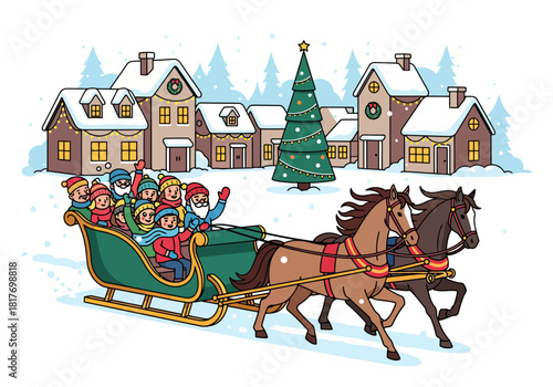 Christmas Sleigh Ride Horses, Family, Village, Holiday Season