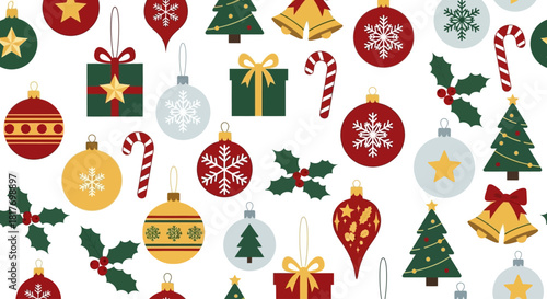 Festive holiday season joy with bright Christmas ornaments and gifts pattern for cheerful designs, crafts, and backgrounds, bringing holiday cheer