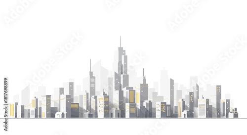 Modern city skyline illustration featuring elegant skyscrapers and festive holiday lights, perfect for business presentations or urban lifestyle designs