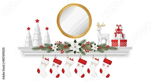 Elegant Christmas mantelpiece scene with white trees, stockings, gifts, and a golden mirror reflecting winter holiday cheer, perfect for seasonal designs