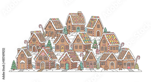 Delightful gingerbread village illustration evokes holiday cheer and whimsical sweetness, perfect for festive designs and heartwarming seasonal campaigns